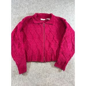 VTG Gantos Acrylic Cardigan Sweater Womens M Red Cable Knit Full Zip Cozy Preppy